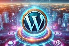Représentation futuriste du logo WordPress entouré de flux de données