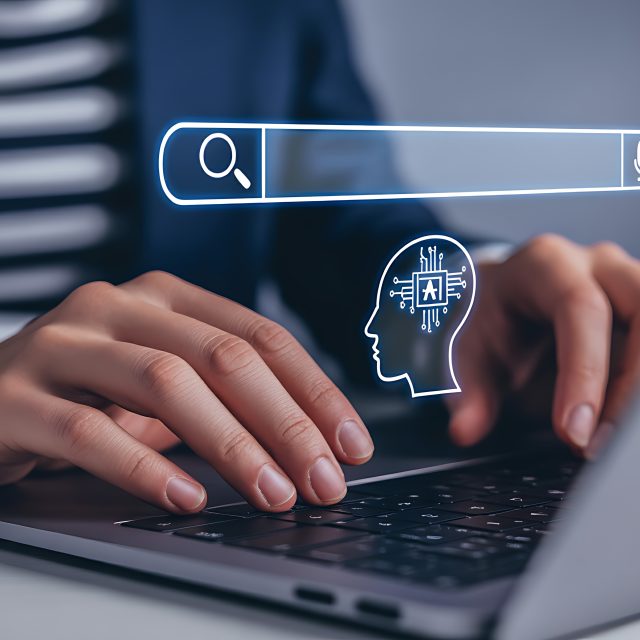 Personne interagissant avec une technologie de recherche IA sur ordinateur
